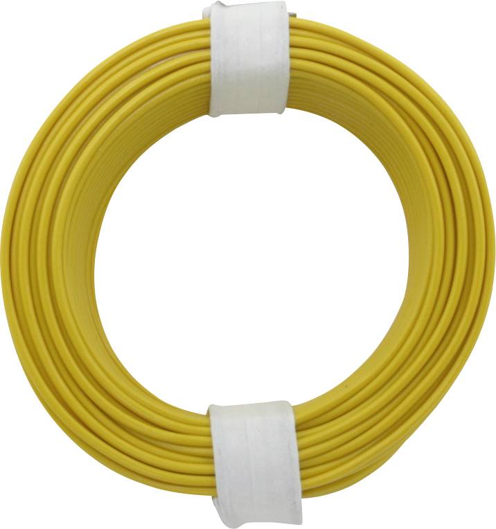 Rouleau de câble jaune, soigneusement enroulé et maintenu par des rubans blancs.