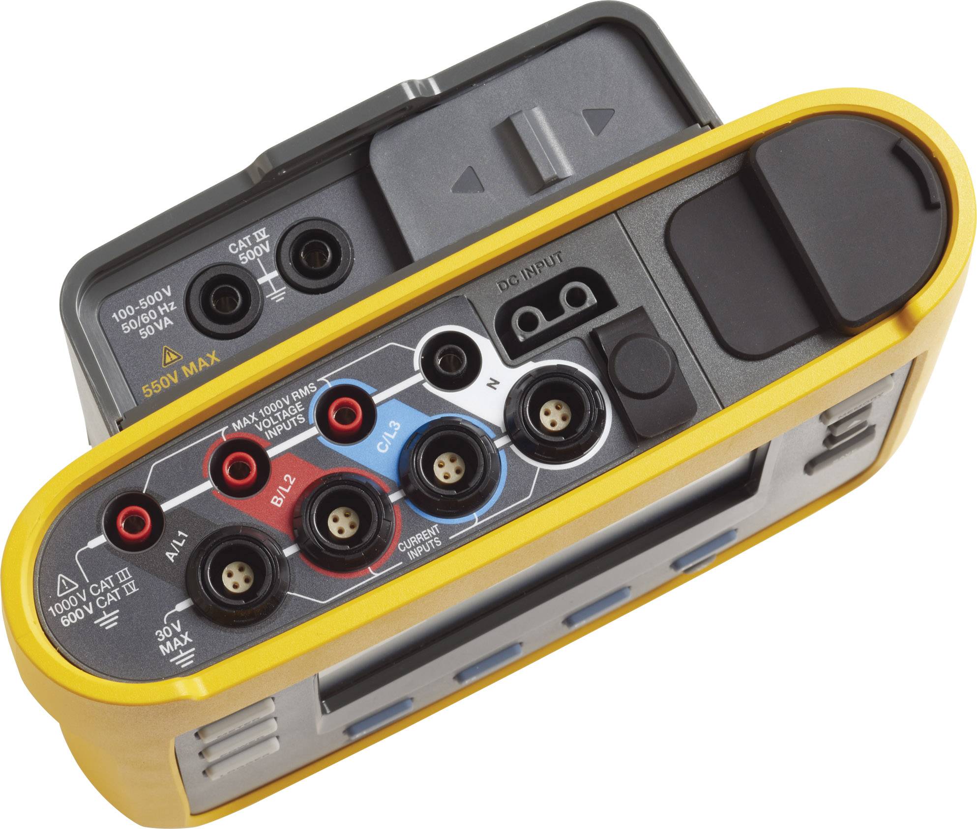 Un appareil de test électrique jaune doté de plusieurs connexions et de bornes étiquetées pour mesurer la tension, le courant et la résistance.