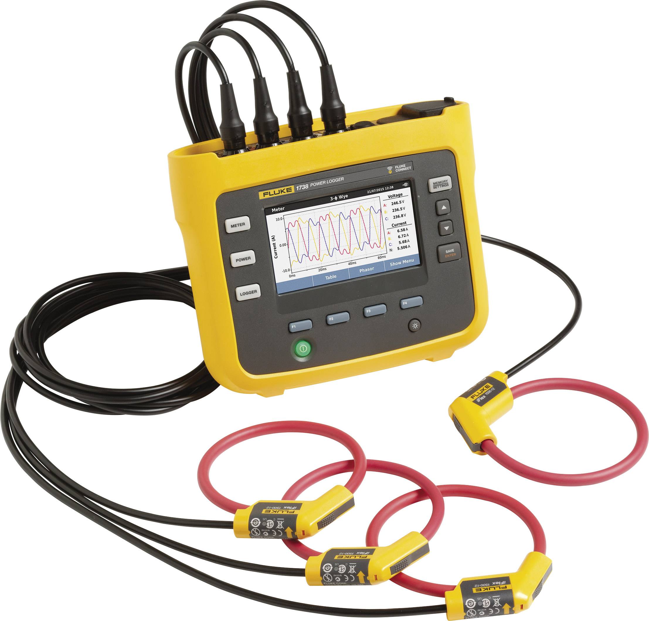 Un appareil de mesure portable jaune avec un écran affichant un motif d'ondes multicolores. Quatre câbles connectés avec des capteurs.