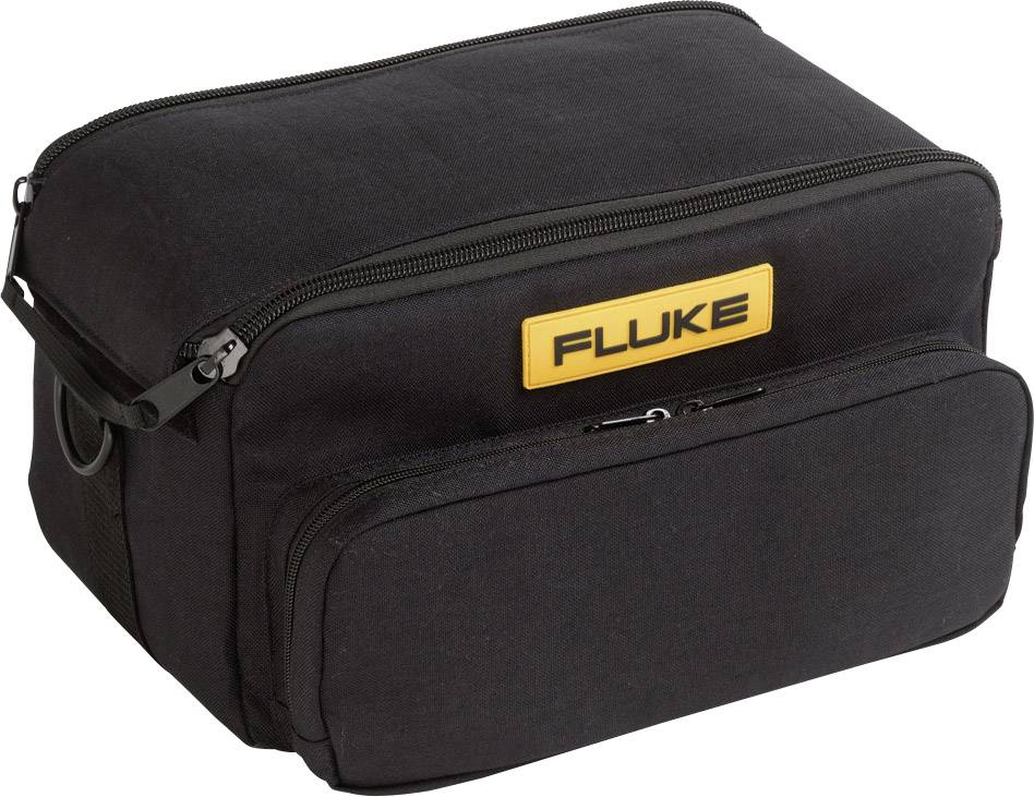 Un sac en tissu noir avec fermeture éclair et le logo jaune 'FLUKE' sur la face avant. Adapté pour les appareils de mesure ou les outils.