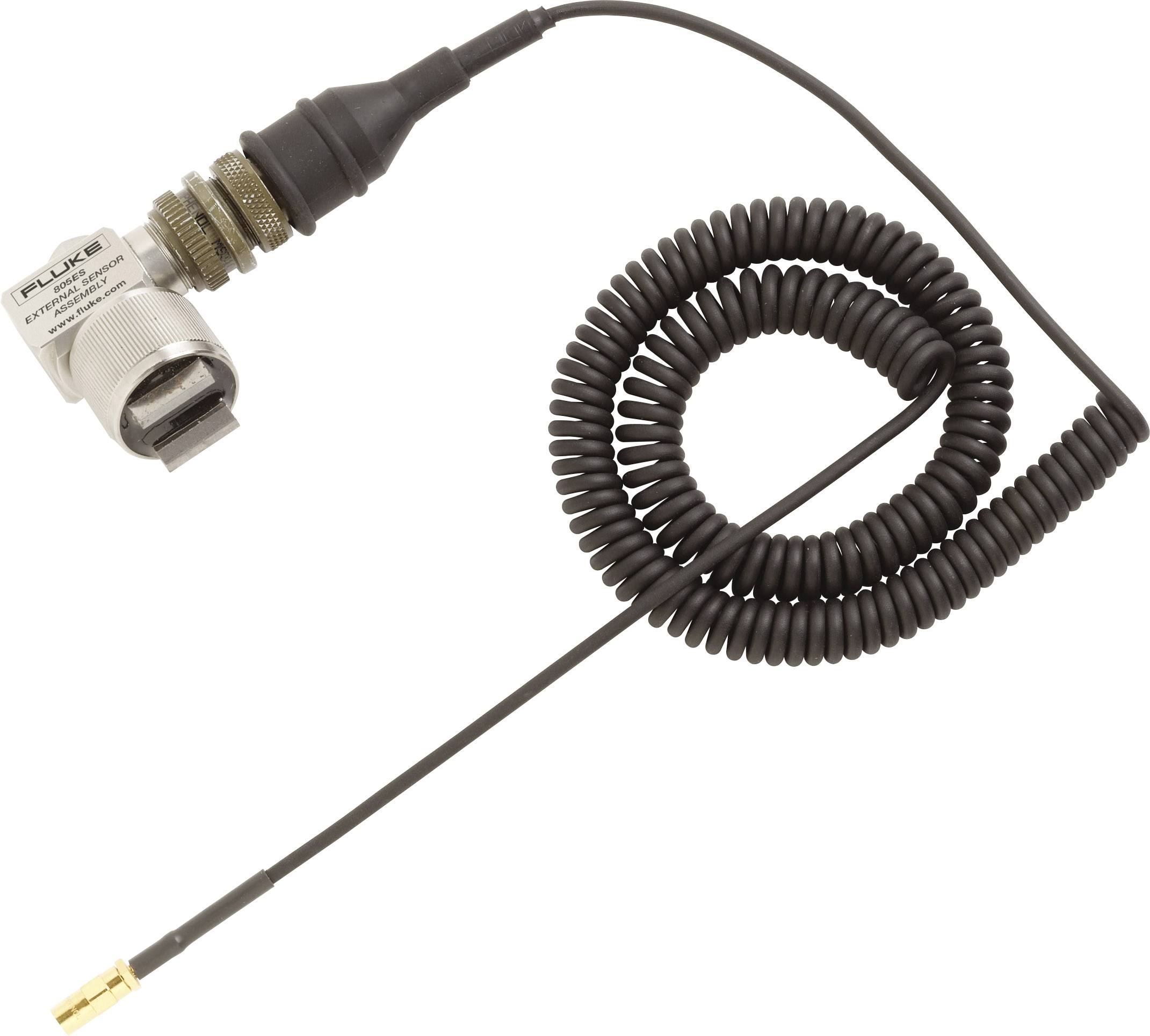 Un câble spiralé avec connecteur, adapté aux appareils de mesure électriques, présente un raccordement robuste à une extrémité et une prise femelle à l'autre.