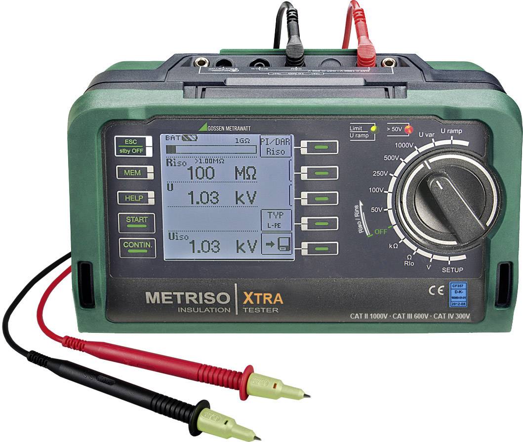 Appareil électronique de test d'isolement avec deux pointes de test connectées, l'écran affiche des valeurs de mesure de 100 MΩ et 1,03 kV.