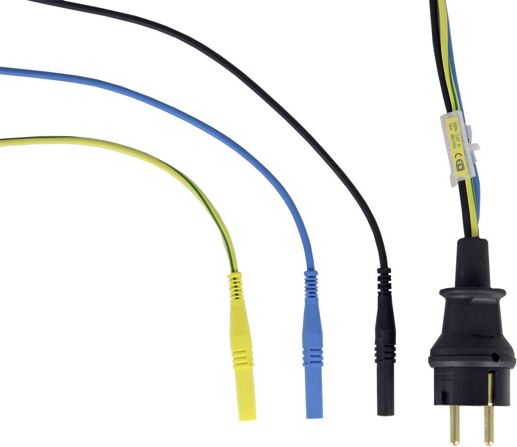 Un câble tripolaire avec fiche et trois câbles de mesure de couleurs différentes (jaune, bleu et noir) pour des mesures électriques.