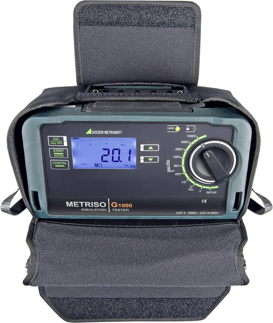 Un appareil de test d'isolation Metriso G1000 avec un affichage numérique indiquant '20,1 MΩ'. L'appareil est dans un étui noir.