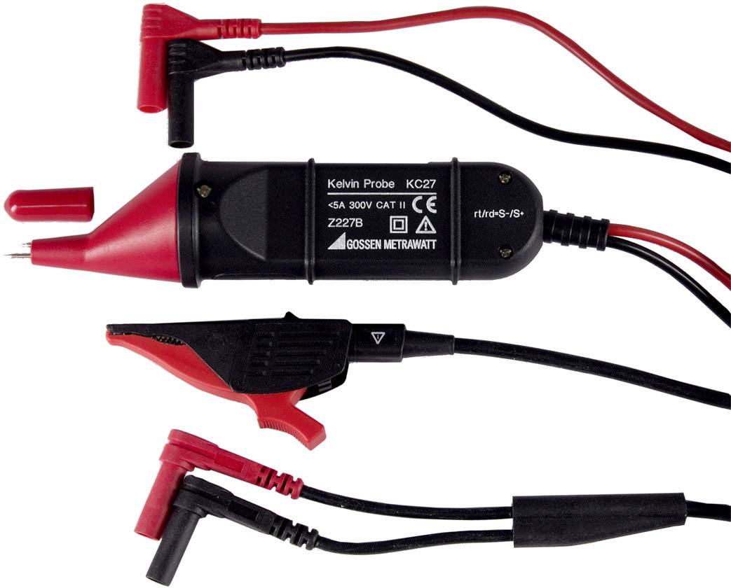 'Sonde Kelvin KC27 de Gossen Metrawatt, adaptée aux mesures jusqu'à 300V. Illustre la structure de la sonde avec ses câbles de connexion et sa pince crocodile.'
