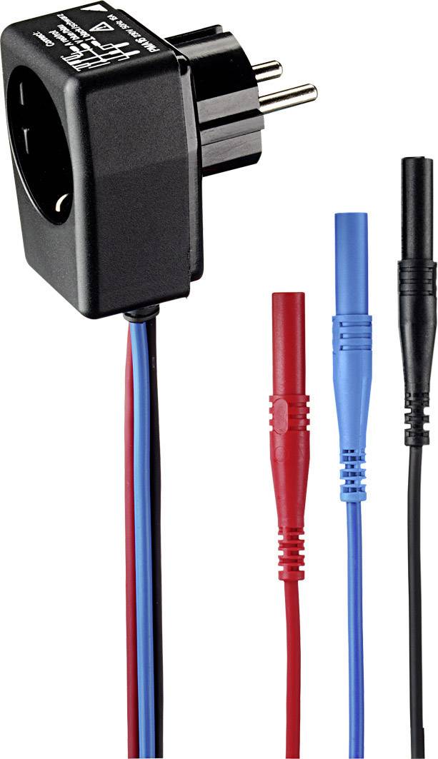 Adaptateur avec trois câbles : rouge, bleu et noir. Utilisé pour connecter des appareils électriques avec des prises spécifiques.