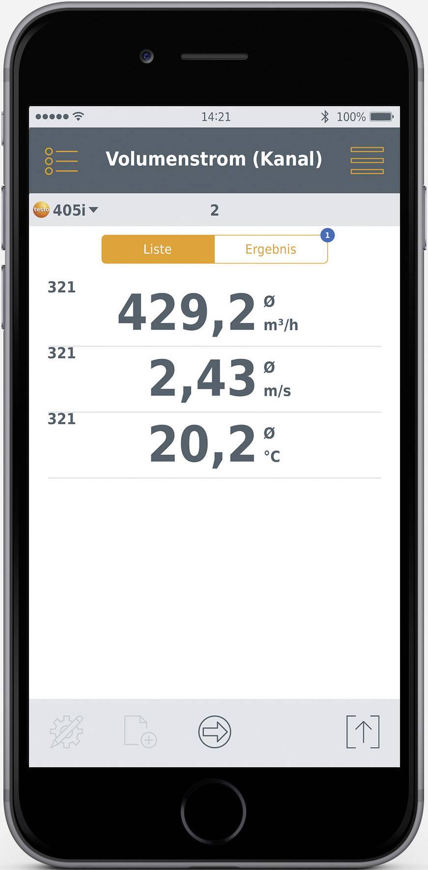 Écran de smartphone affichant une mesure de débit volumétrique avec les valeurs : 429,2 m³/h, 2,43 m/s, 20,2 °C. Sélection entre 'Liste' et 'Résultat'.