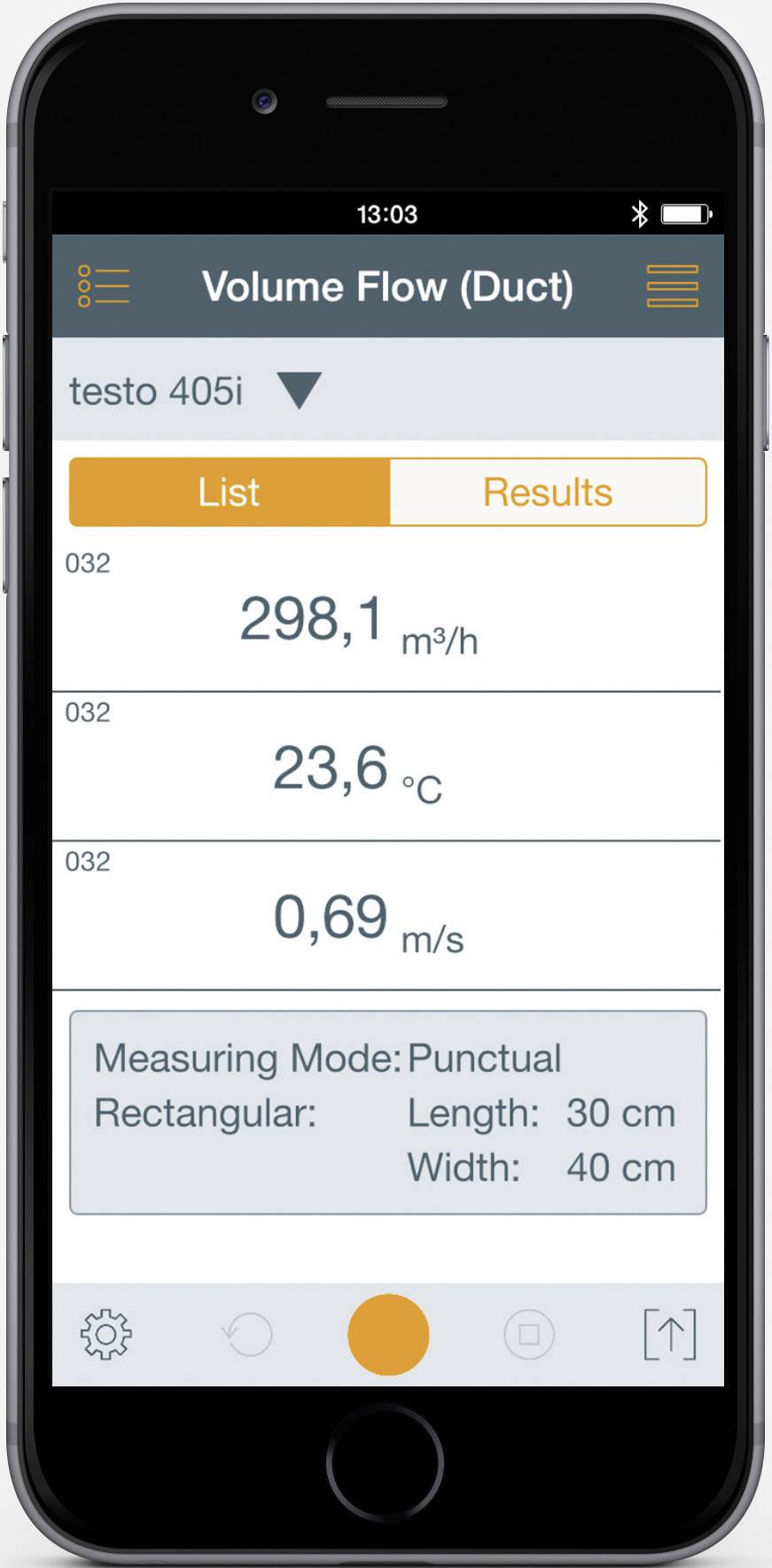 Écran de smartphone affichant une application de mesure : 'Volume Flow (Conduit)'. Résultats : 298,1 m³/h, 23,6 °C, 0,69 m/s. Mode : Ponctuel. Dimensions : Longueur 30 cm, Largeur 40 cm.