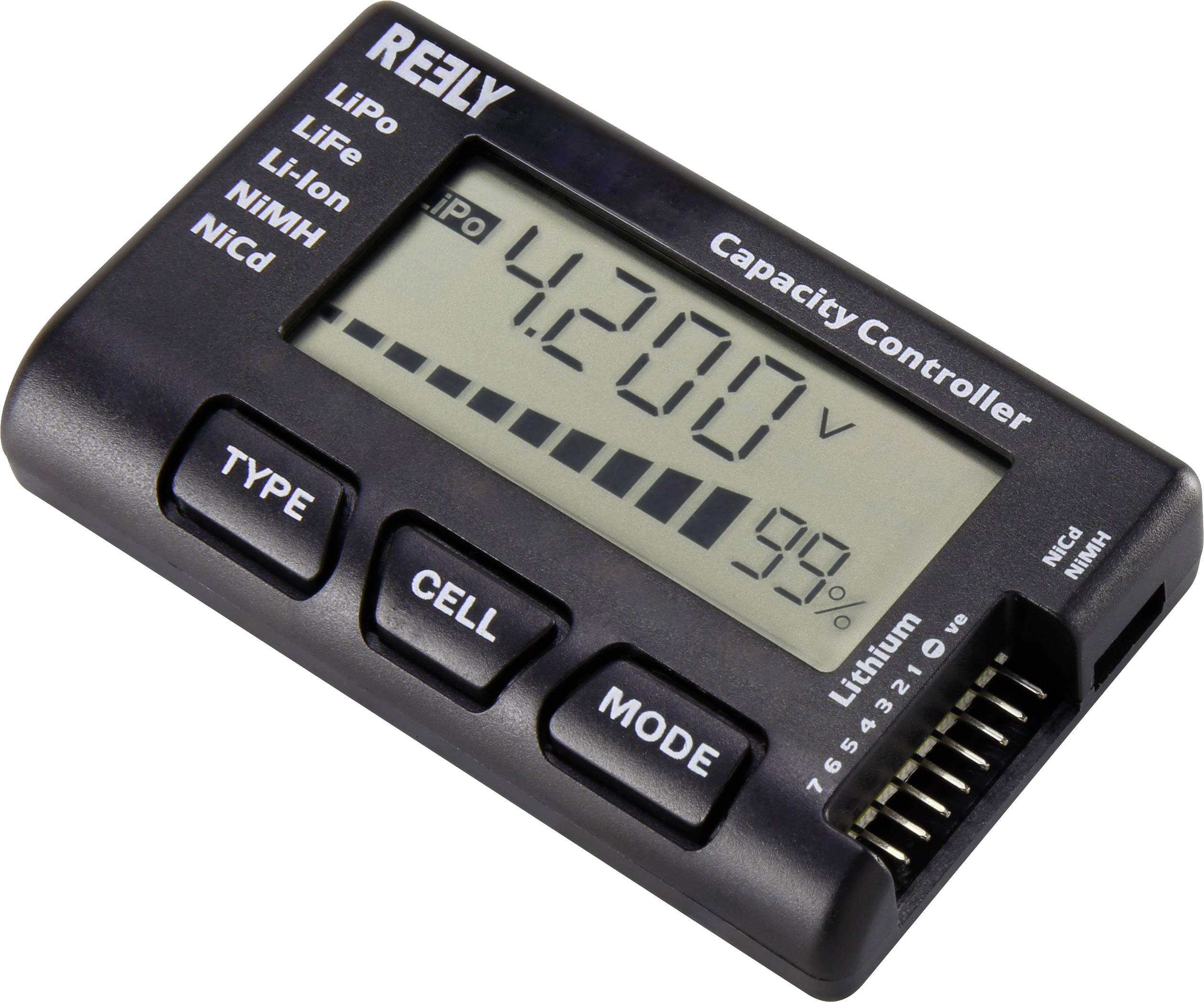 Testeur de batterie LCD pour batteries lithium. Affiche '4,200V' et '99%'. Boutons 'Type', 'Cellule', 'Mode' en bas.