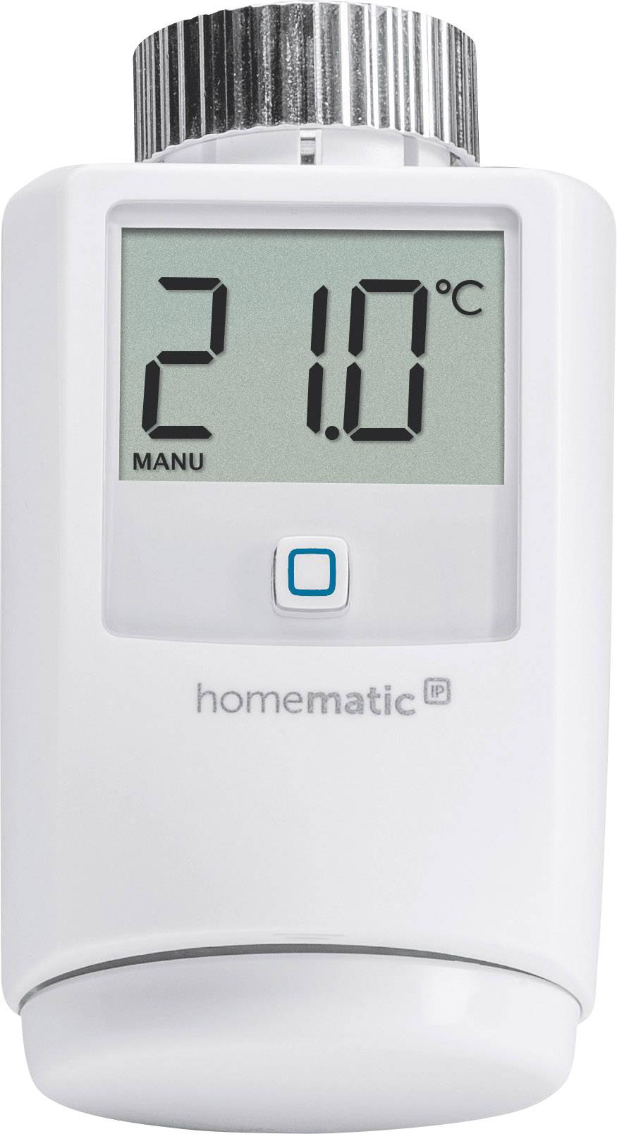 Un thermostat digital blanc avec un affichage '21,0°C' et 'MANU'. Nom de marque 'homematic IP' en dessous. Règle la température ambiante.