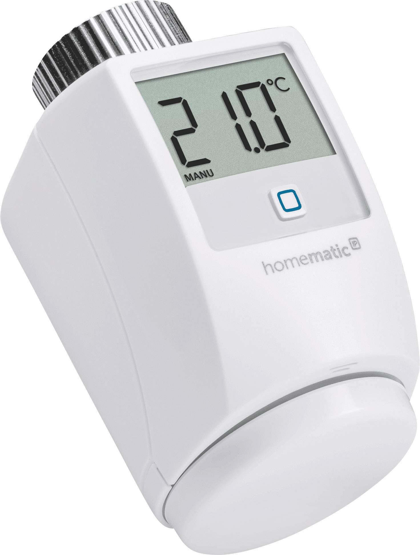 Thermostat intelligent avec affichage numérique indiquant 21,0°C. Bouton de réglage argenté en haut à droite. Touche d'affichage et logo 'homematic IP' visibles.