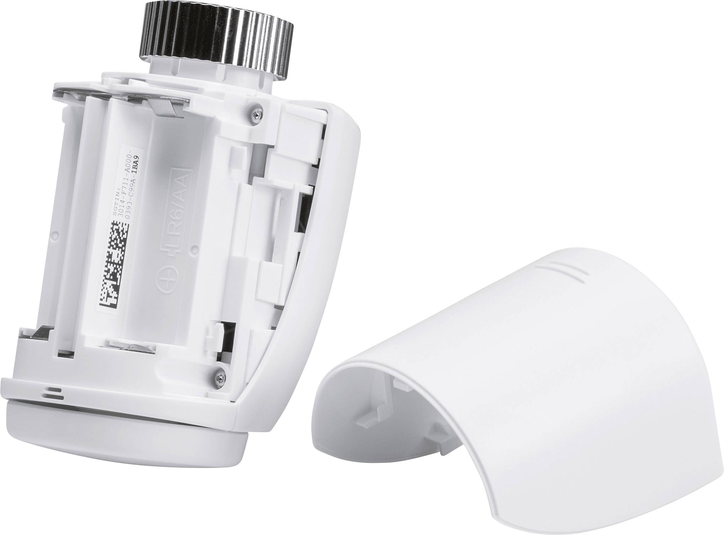 Représentez un robinet thermostatique de radiateur blanc ouvert, montrant le compartiment des piles et son couvercle retiré.