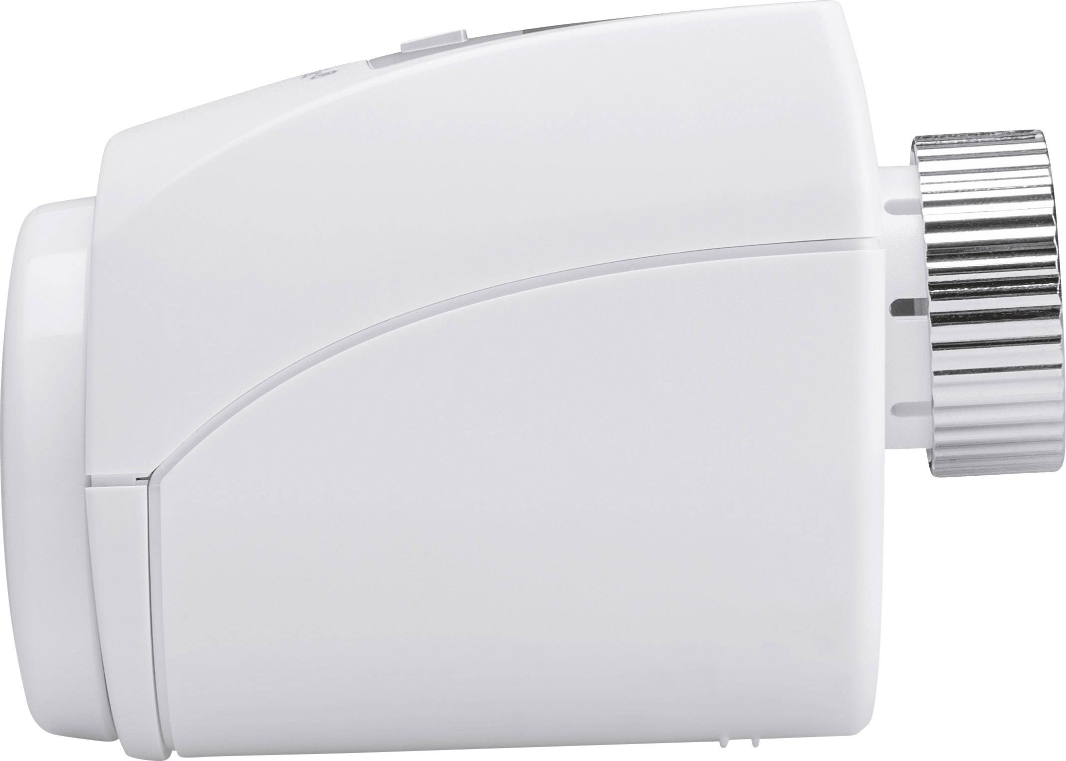 Vanne thermostatique cylindrique blanche avec bouton de réglage métallique sur le côté droit, vue latérale.