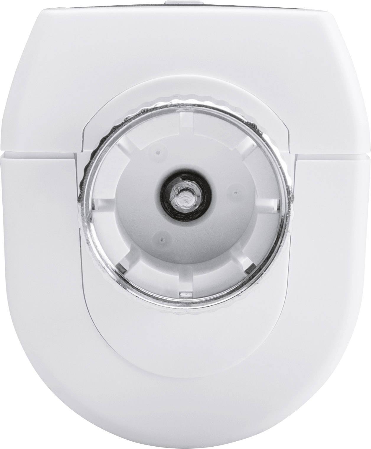 Tête de rasoir électrique blanche, vue de face.