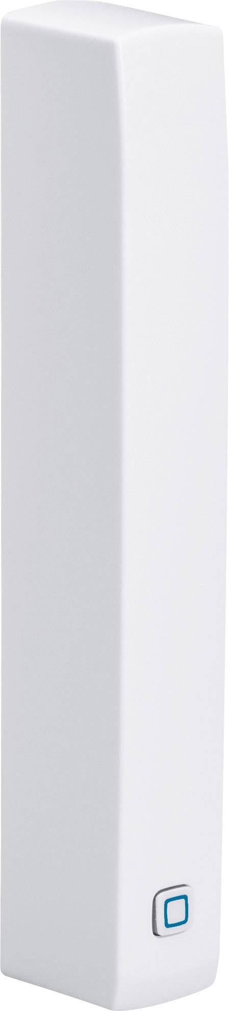 Une boîte blanche, rectangulaire, verticale avec un petit bouton bleu en bas, probablement un dispositif technique.