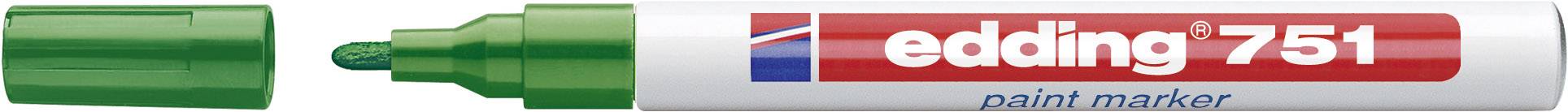 Marqueur permanent Edding 751 vert avec son capuchon retiré, montrant la pointe du stylo.