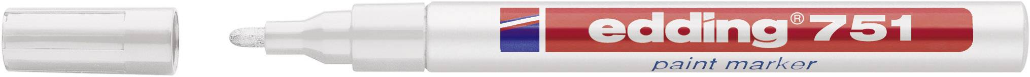 Un marqueur peinture 'edding 751' blanc avec une étiquette rouge et le capuchon retiré, adapté pour marquer des surfaces.