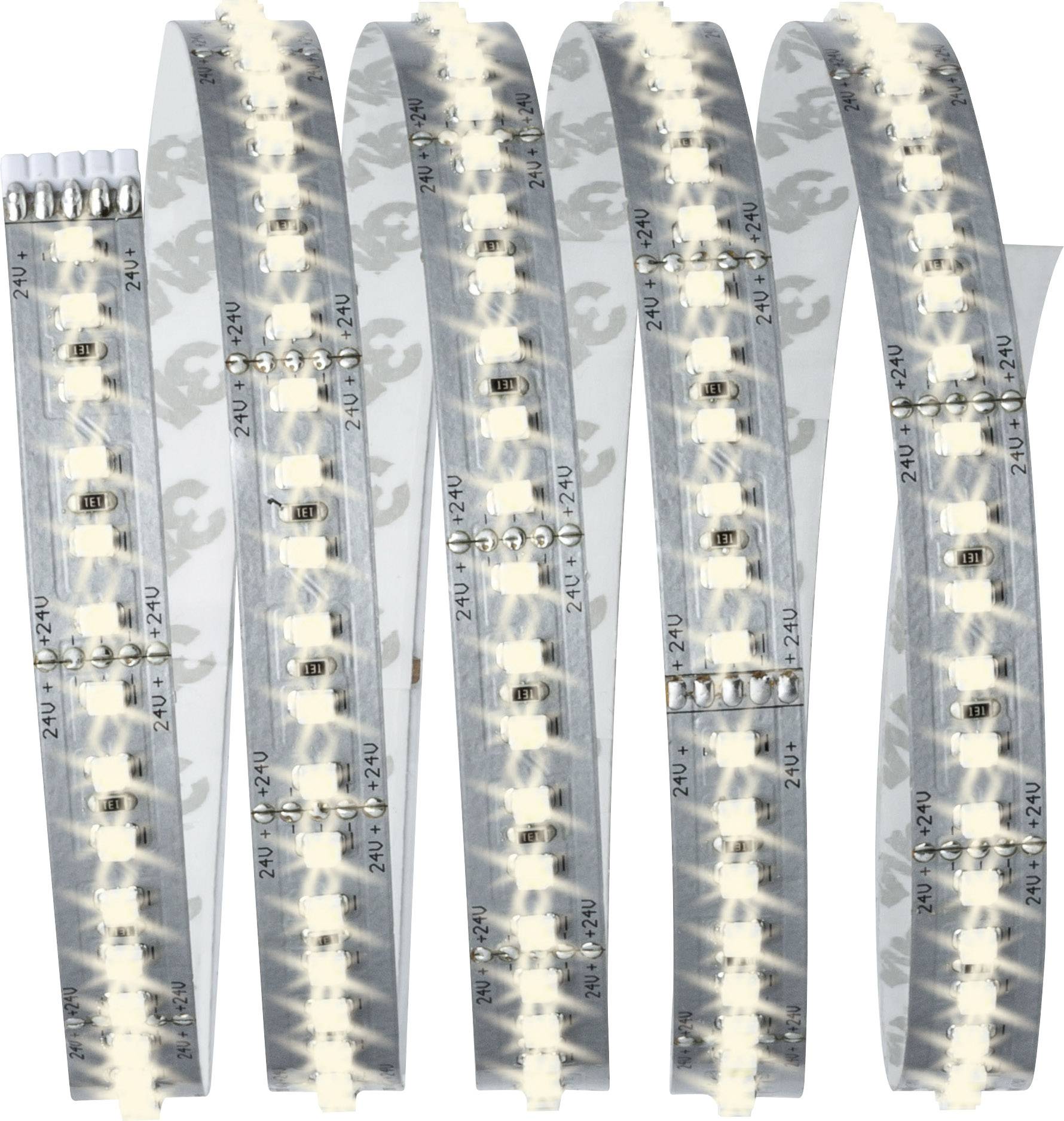 Cinq bandes lumineuses LED disposées parallèlement, réparties de manière uniforme, émettent une lumière blanc chaud. Elles sont montées sur une surface réfléchissante.