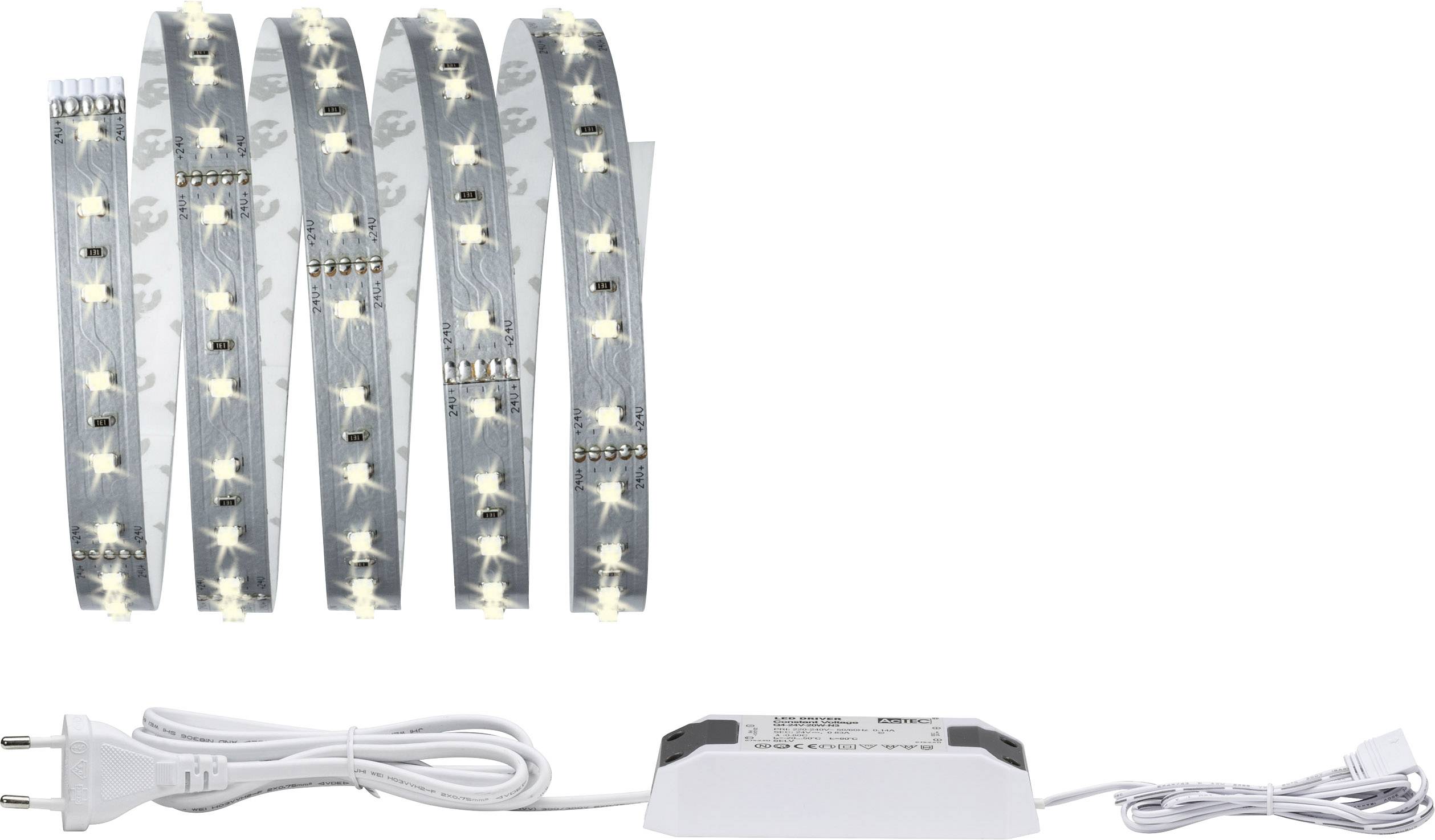 Bande lumineuse LED avec bloc d'alimentation. Les bandes sont conçues de manière flexible et présentent des LED illuminées à intervalles réguliers.