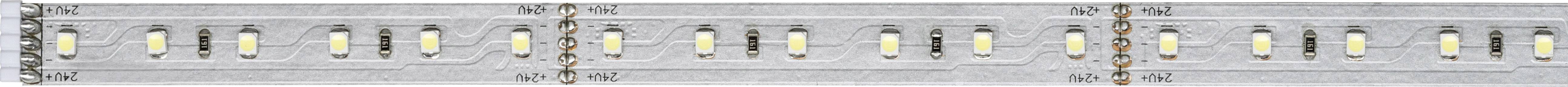 Une bande de LED avec plusieurs LEDs carrées disposées à intervalles réguliers sur un circuit imprimé métallique.