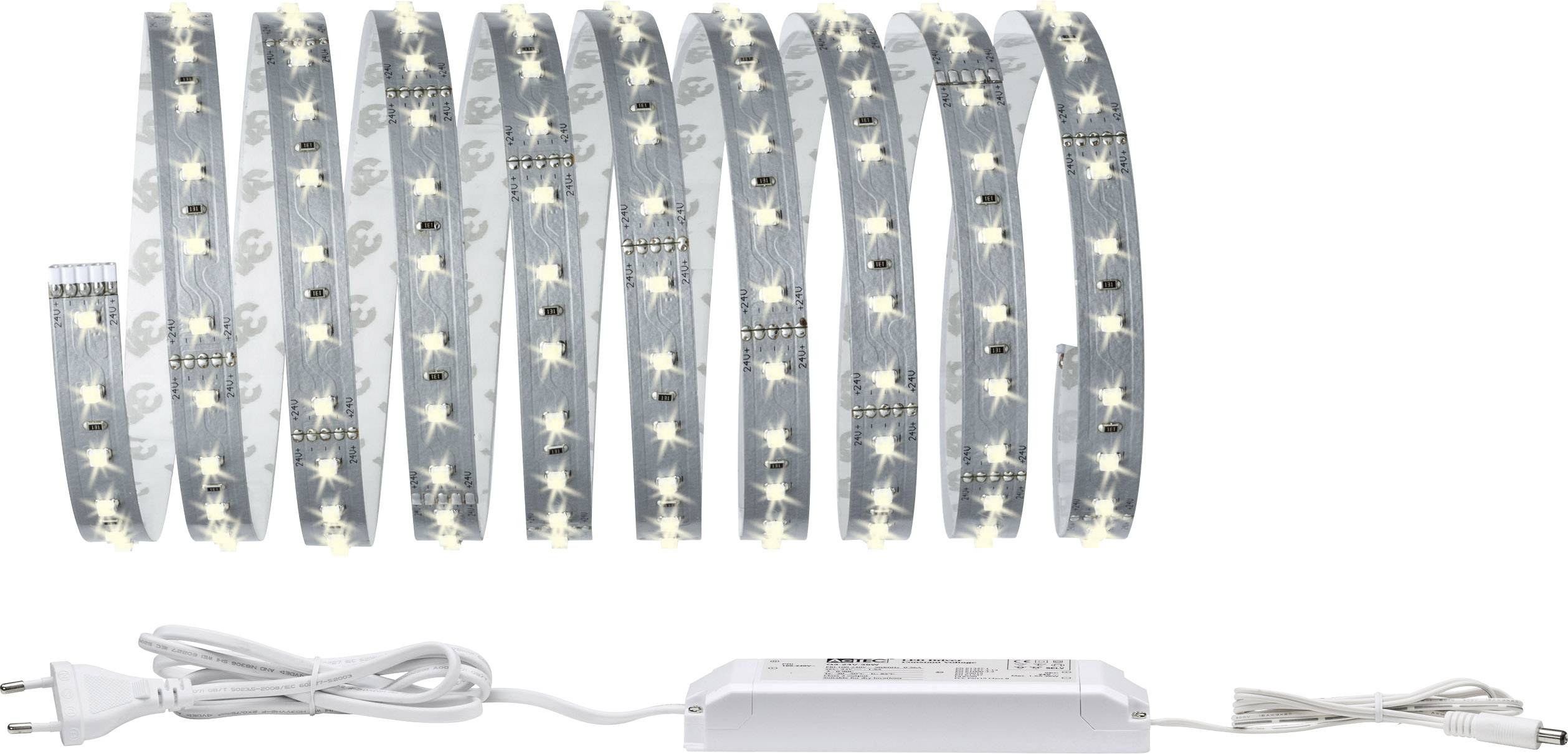 Une bande lumineuse à LED avec des éclairages blanc chaud est disposée plusieurs fois en forme de zigzag. Un bloc d'alimentation est branché.