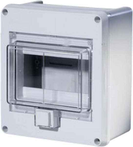 Un boîtier rectangulaire gris en plastique avec un couvercle transparent, adapté aux circuits électriques ou aux fusibles.