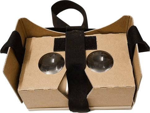 Lunettes VR en carton avec deux lentilles en plastique et une bande de maintien noire, pliables pour l'utilisation avec un smartphone.