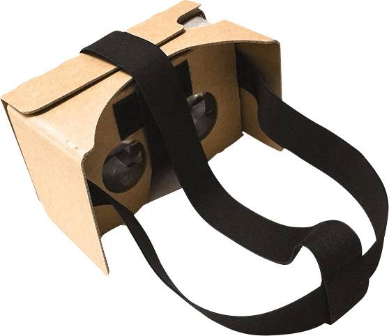 Visionneuse en carton avec des bandes noires, servant de lunettes de réalité virtuelle.