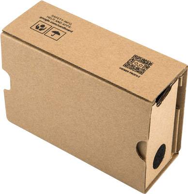 Boîte en carton avec des symboles et un code QR sur le dessus pour les informations de sécurité.