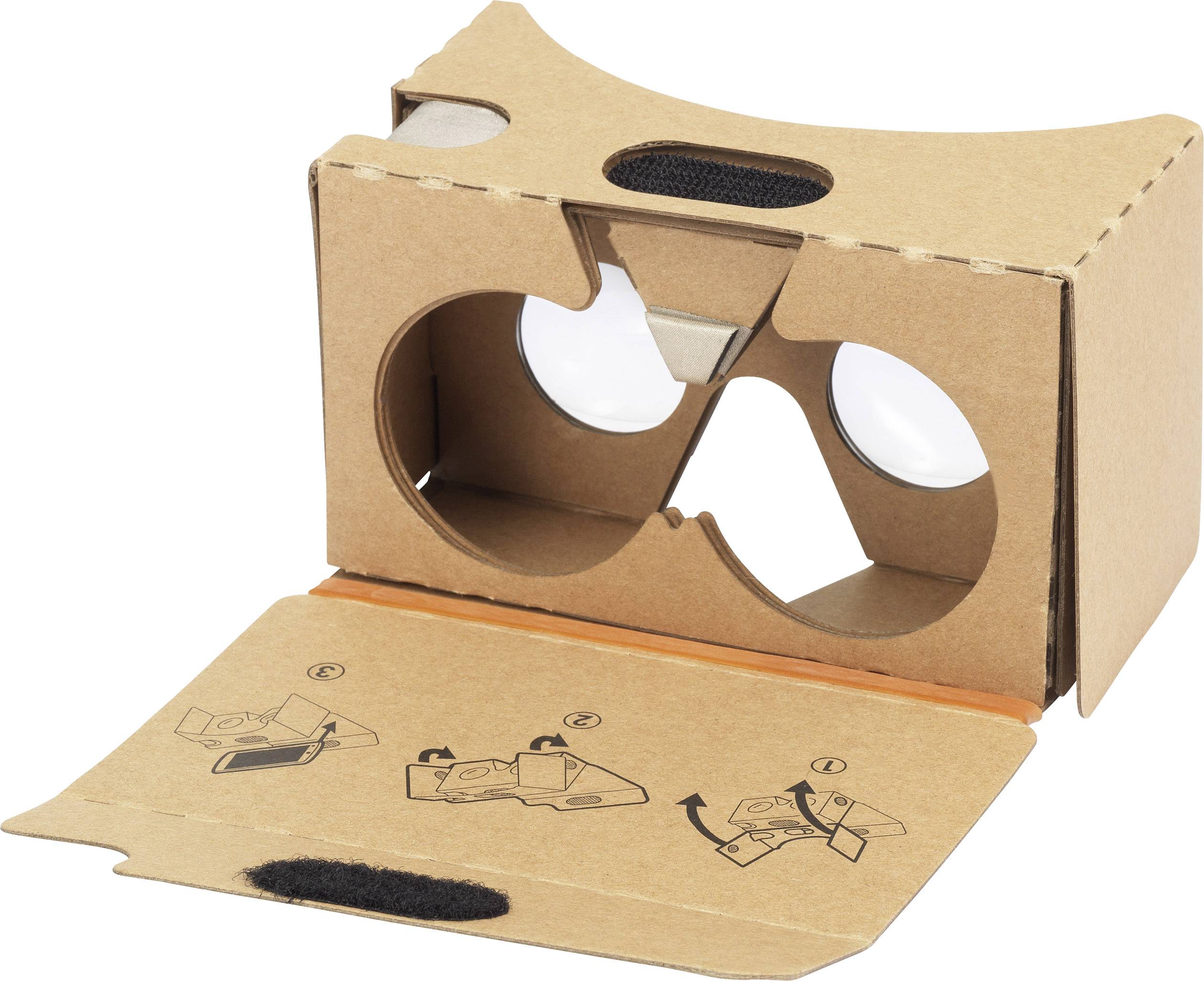 Étui en carton pour lunettes de réalité virtuelle, à plat avec des illustrations de montage à l'intérieur.