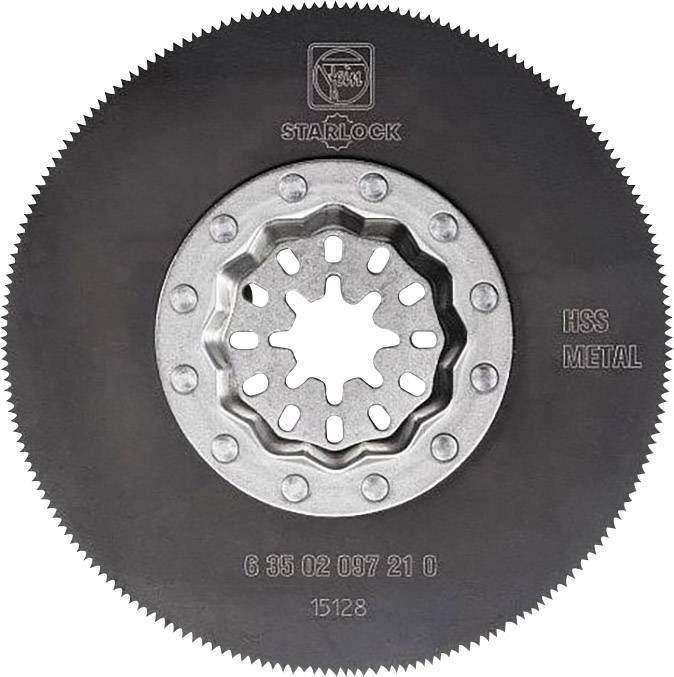 Une lame de scie circulaire avec des dents en métal, adaptée aux multitools, marquée 'Starlock' et 'HSS Metal', convenant pour la coupe de métaux.