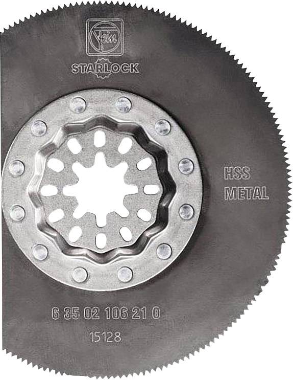 Une lame de scie circulaire avec un bord dentelé, un alésage central en étoile et portant l'inscription 'HSS METAL' pour les travaux de sciage sur métal.
