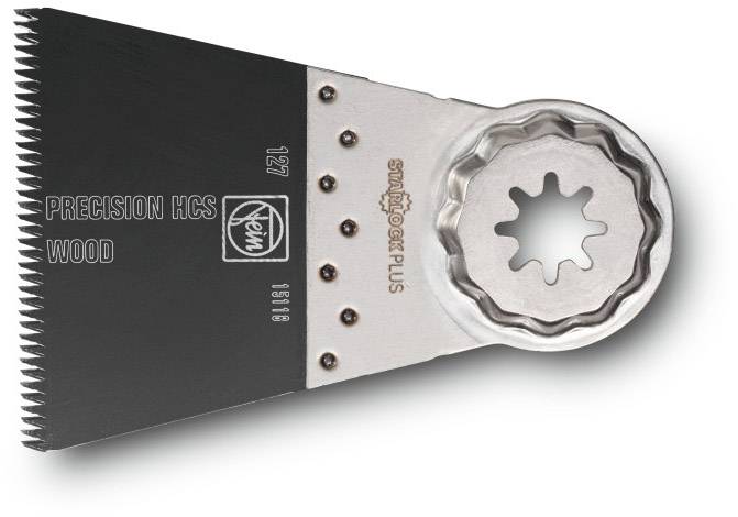 Lame de scie noire pour bois, portant l'inscription 'Precision HCS Wood', avec fixation argentée et ouverture en étoile pour outils multifonctions.