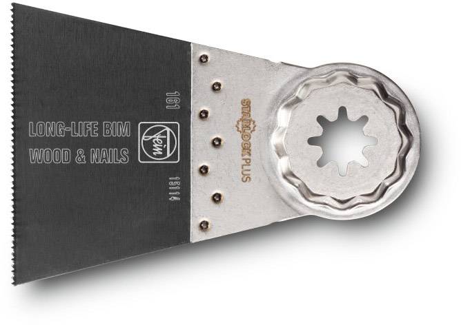 Une lame oscillante portant l'inscription 'LONG-LIFE BIM WOOD & NAILS', adaptée pour le bois et les clous, prête à être montée.