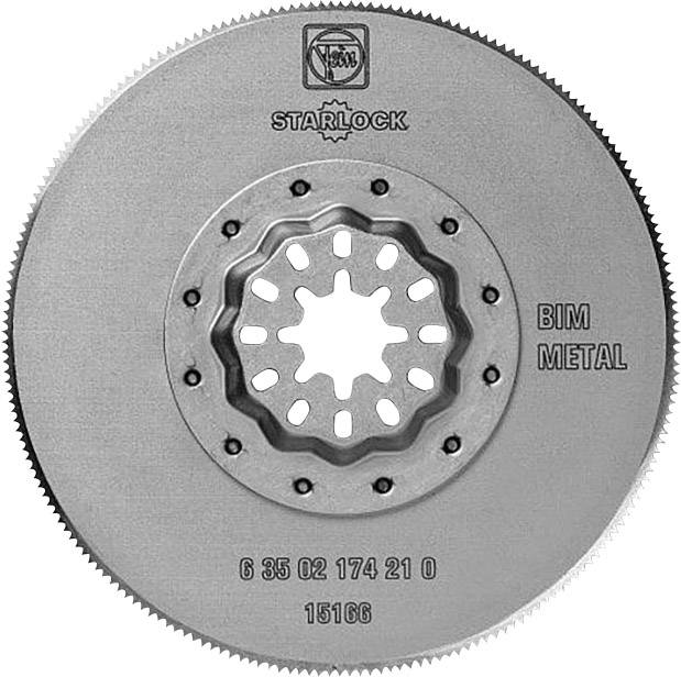 Lame de scie sauteuse circulaire oscillante avec centre en étoile, logo de marque en haut. Inscription : 'STARLOCK BIM METAL'. Adapté pour le métal.