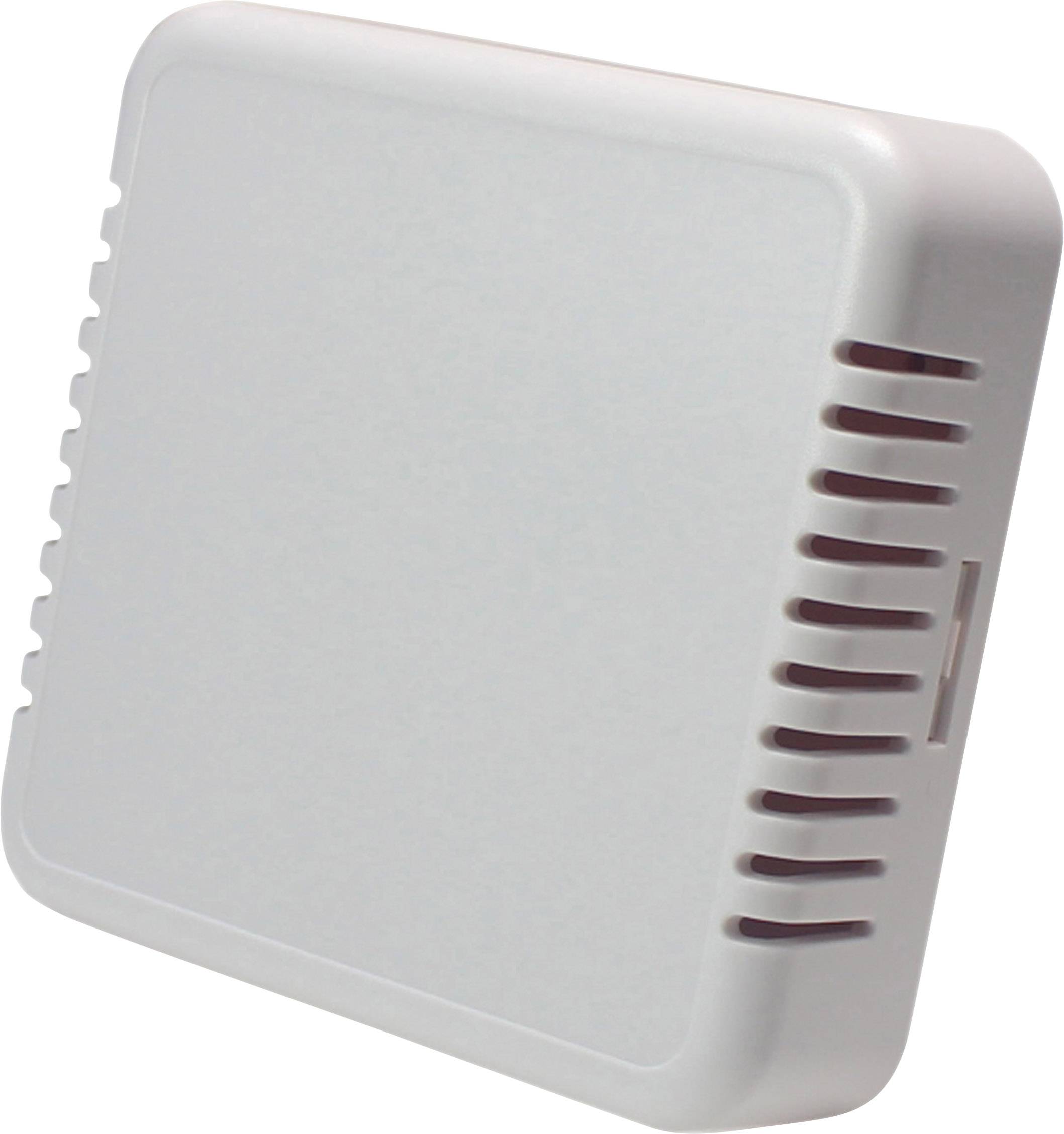 Un boîtier rectangulaire blanc en plastique avec des fentes de ventilation sur les côtés, probablement destiné à des appareils électroniques.