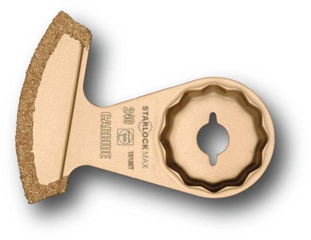 Une lame de scie rigide, dorée, de forme semi-circulaire avec un tranchant rugueux pour outils multifonctionnels.