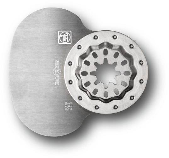 Une lame d'outil métallique oscillante avec une ouverture dentelée, adaptée pour des coupes universelles de bois et de métal.