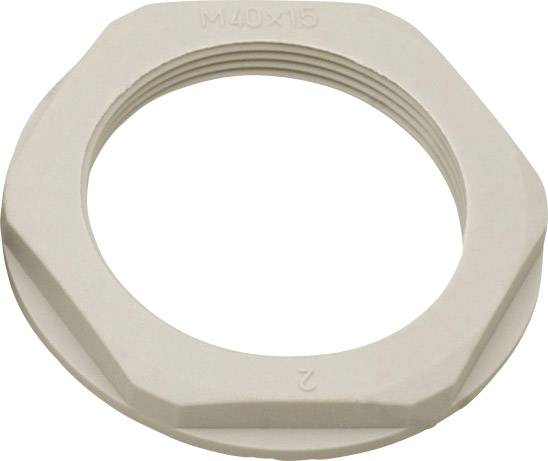 Une écrou de blocage hexagonal gris portant la mention 'M40x15', utilisé pour la fixation dans des applications techniques.