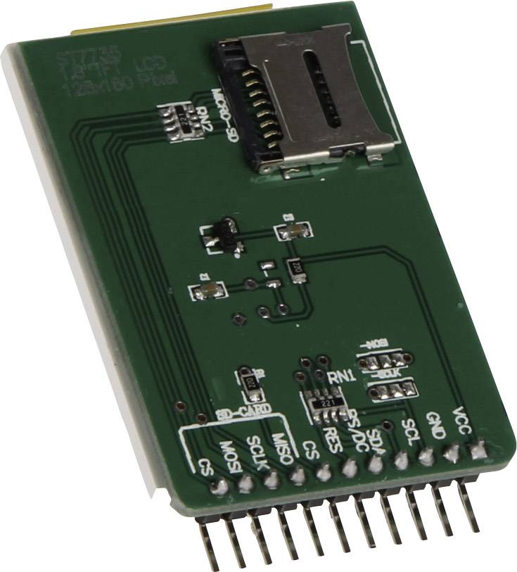 Carte électronique verte avec plusieurs composants soudés et un emplacement pour carte SD ; broches situées sur la face inférieure.