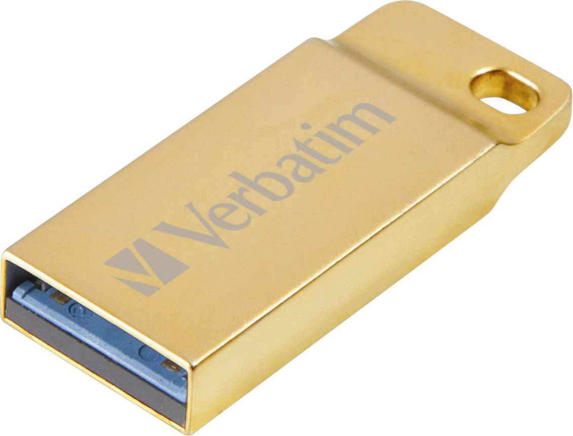 Clé USB dorée avec logo 'Verbatim' et anneau d'ouverture à l'extrémité.