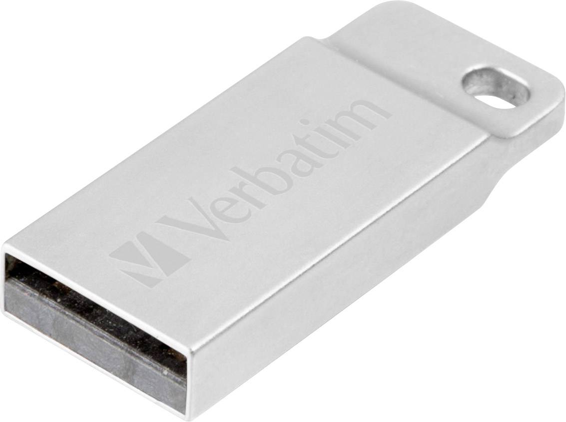 Clé USB argentée avec logo 'Verbatim', design compact, forme rectangulaire avec anneau pour porte-clés.