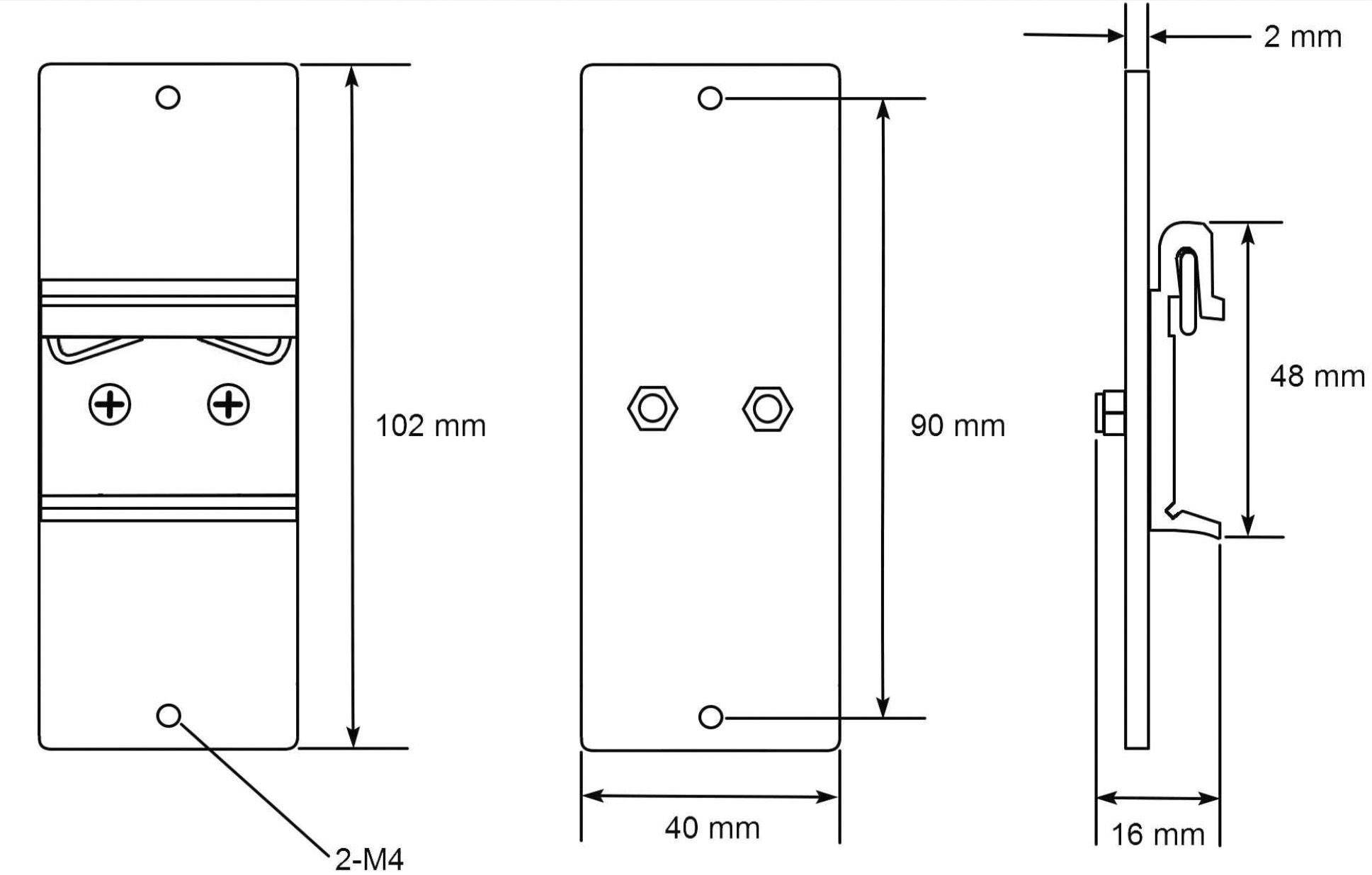 Dessin technique d'une plaque métallique rectangulaire avec dimensions : 102 mm x 40 mm. Coupe latérale montrant une épaisseur de 2 mm, points de fixation marqués.