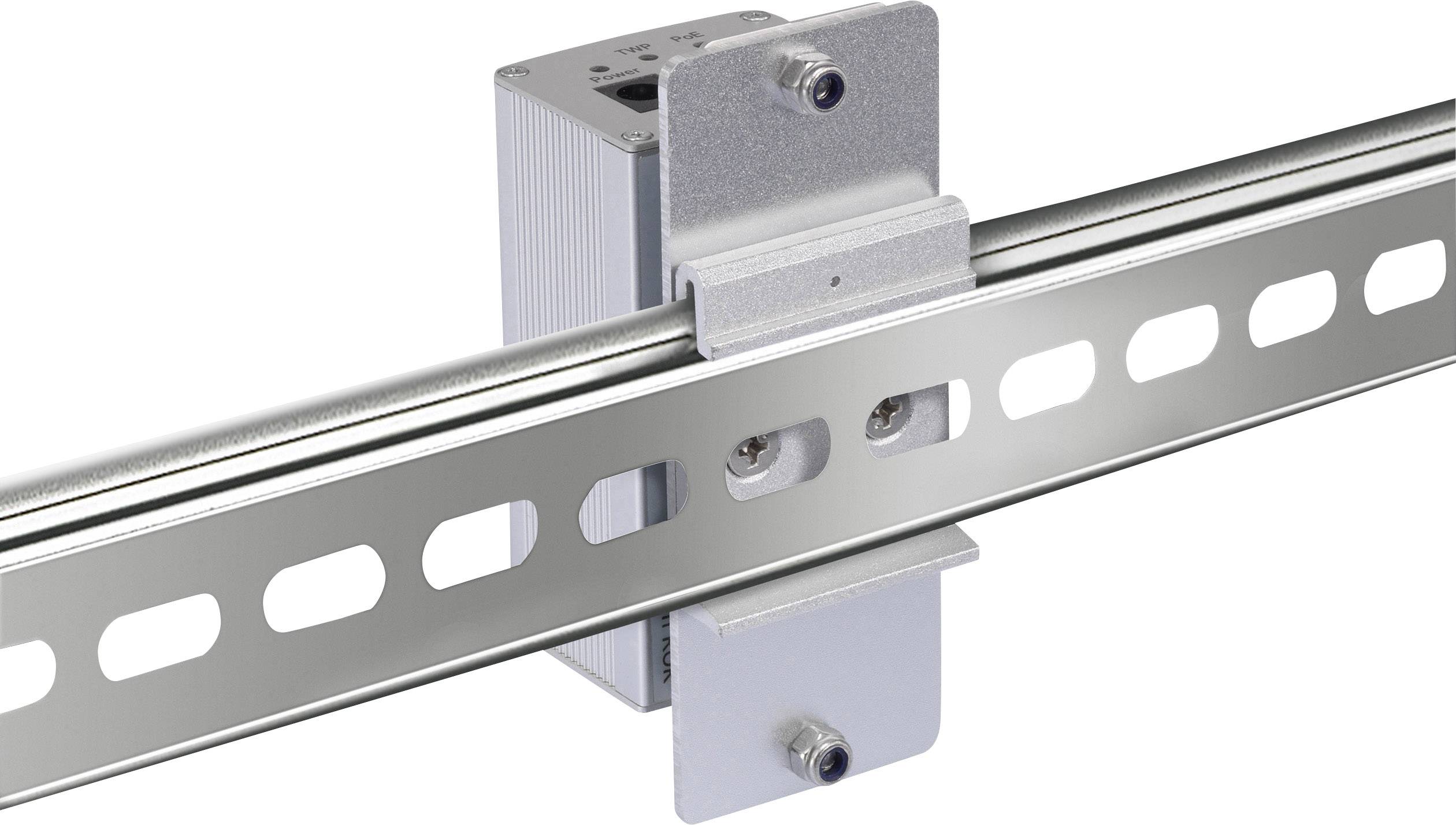 Rail métallique avec support fixé à un boîtier rectangulaire. Convient pour les systèmes de montage industriels et la gestion des câbles.