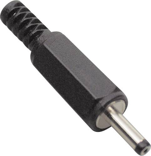 Connecteur DC noir avec broche métallique isolée et poignée striée, utilisé pour les connexions électriques.