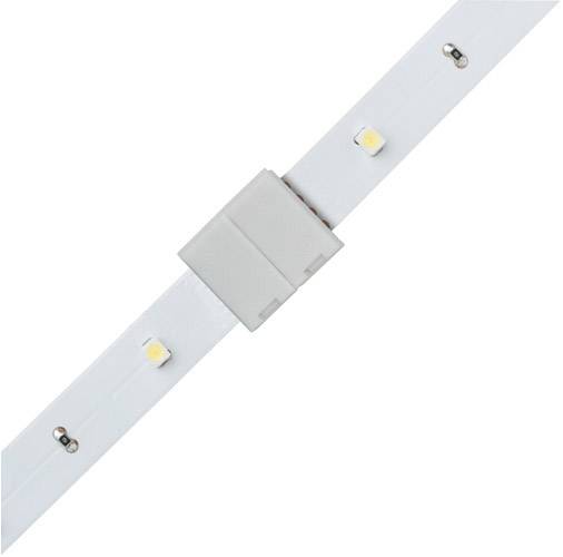 Une bande de LED blanche avec quatre diodes LED visibles et un connecteur central gris.