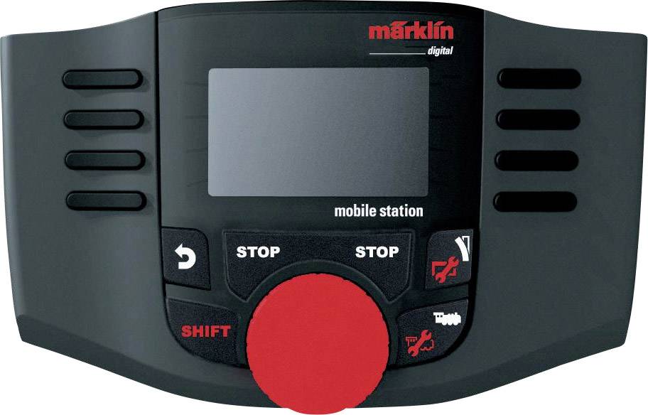 Station de commande de train miniature, portant l'inscription 'Märklin digital mobile station'. Grande touche rouge, touches pour Arrêt, Avant et Arrière.