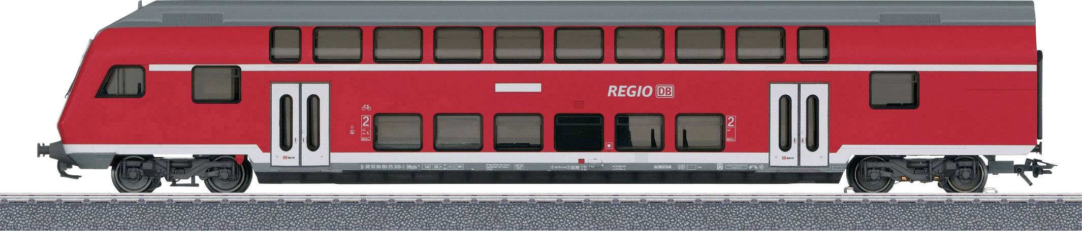 Train régional rouge à deux étages de la Deutsche Bahn, en vue latérale, sur une section de voie ferrée.