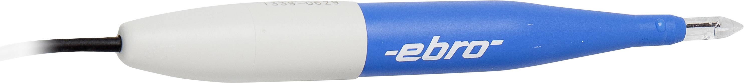 Un thermomètre bleu et blanc portant l'inscription '-ebro' sur la partie bleue. Le câble est connecté à une extrémité.