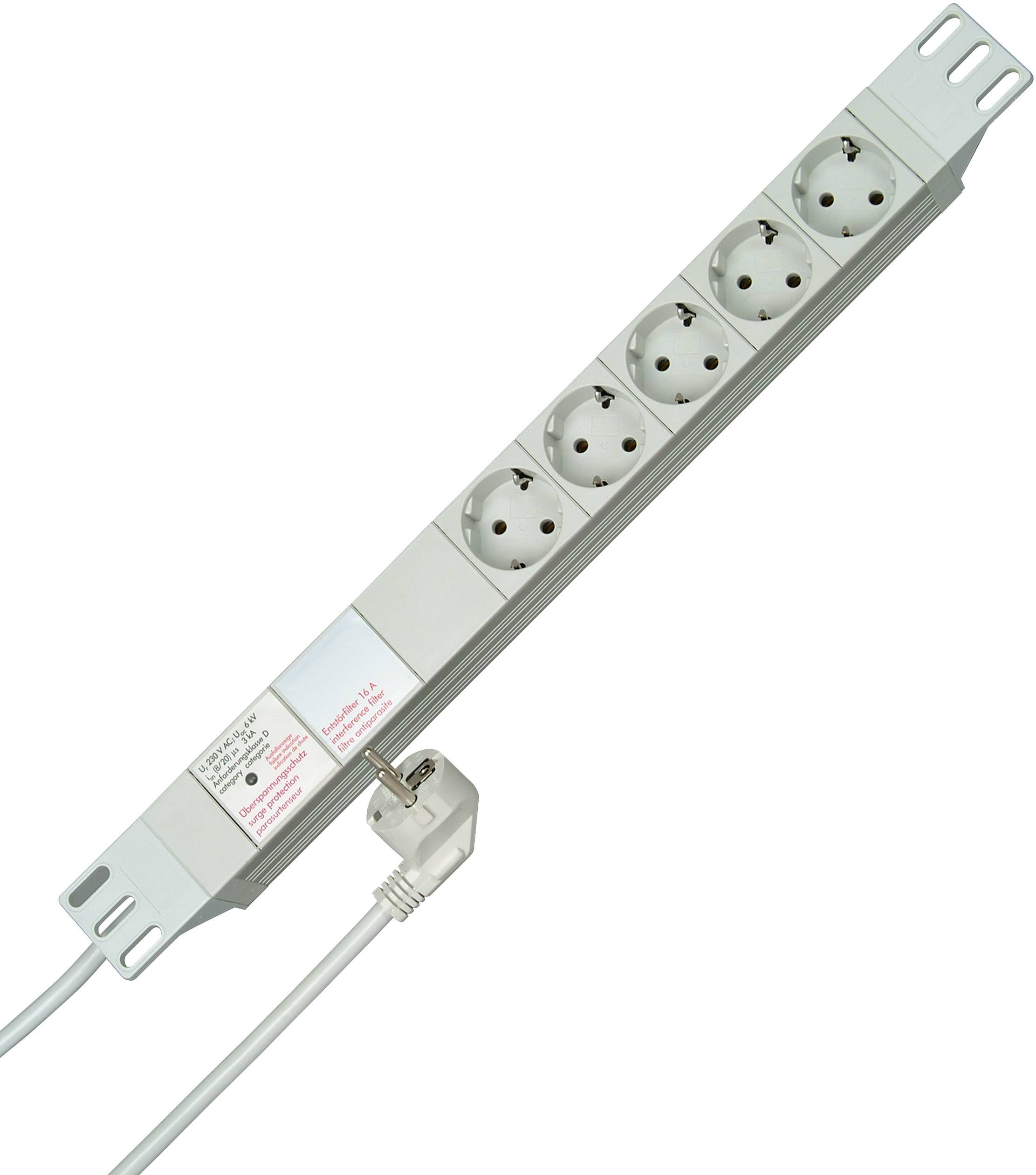 Multiprise à six emplacements avec câble de connexion, adaptée à la fixation murale. Idéale pour étendre les points de connexion électriques.